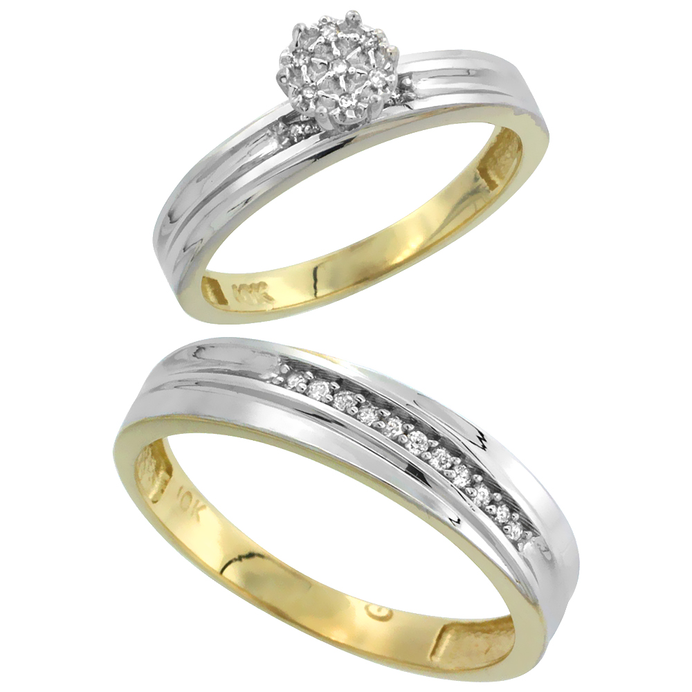 10k Yellow Gold Diamond Engagement Rings Set for Men and Women 2-Piece 0.09 cttw Brilliant Cut, 5 mm & 3 mm wide