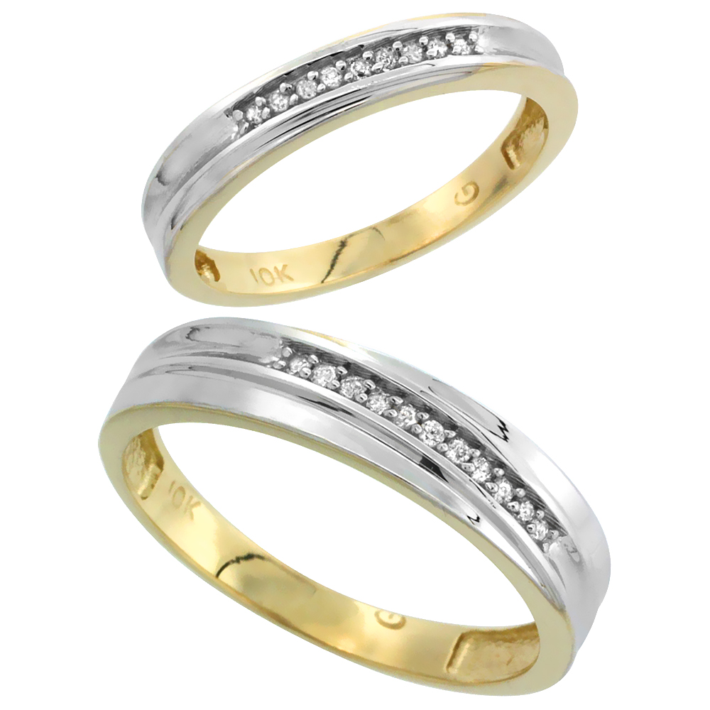 10k Yellow Gold Diamond Wedding Rings Set for him 5 mm and her 3 mm 2-Piece 0.06 cttw Brilliant Cut, ladies sizes 5 � 10, mens s