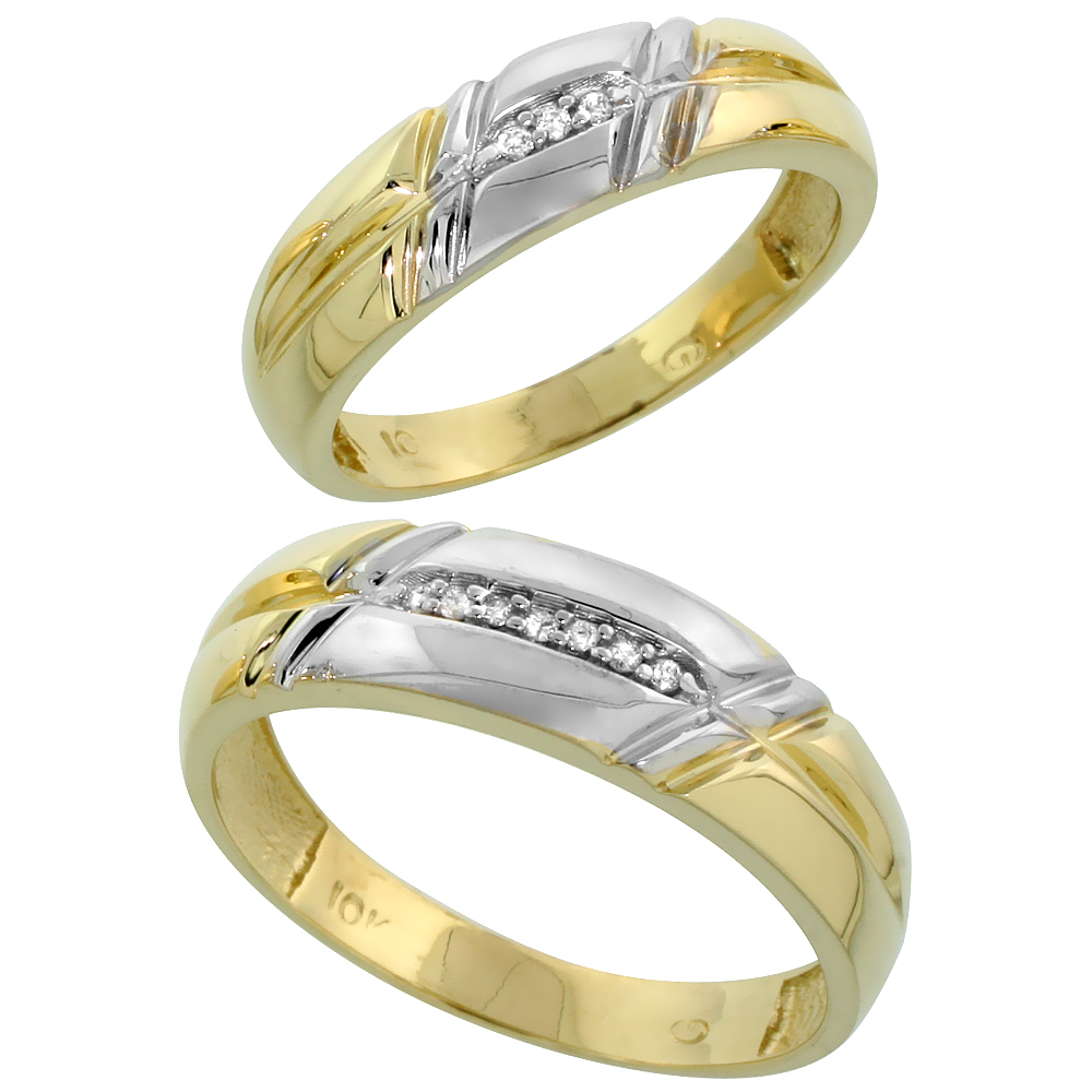 10k Yellow Gold Diamond Wedding Rings Set for him 6 mm and her 5.5 mm 2-Piece 0.06 cttw Brilliant Cut, ladies sizes 5 � 10, mens
