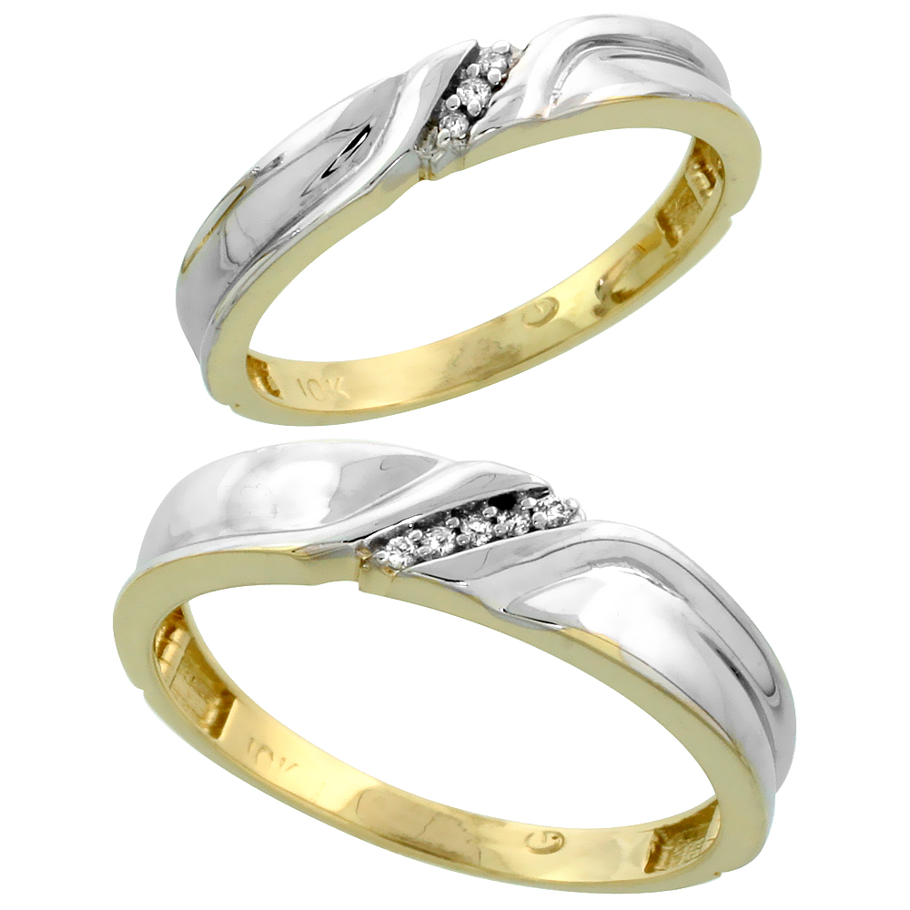 10k Yellow Gold Diamond Wedding Rings Set for him 5 mm and her 3.5 mm 2-Piece 0.06 cttw Brilliant Cut, ladies sizes 5 � 10, mens