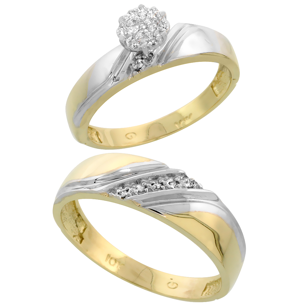 10k Yellow Gold Diamond Engagement Rings Set for Men and Women 2-Piece 0.08 cttw Brilliant Cut, 4.5mm & 6mm wide
