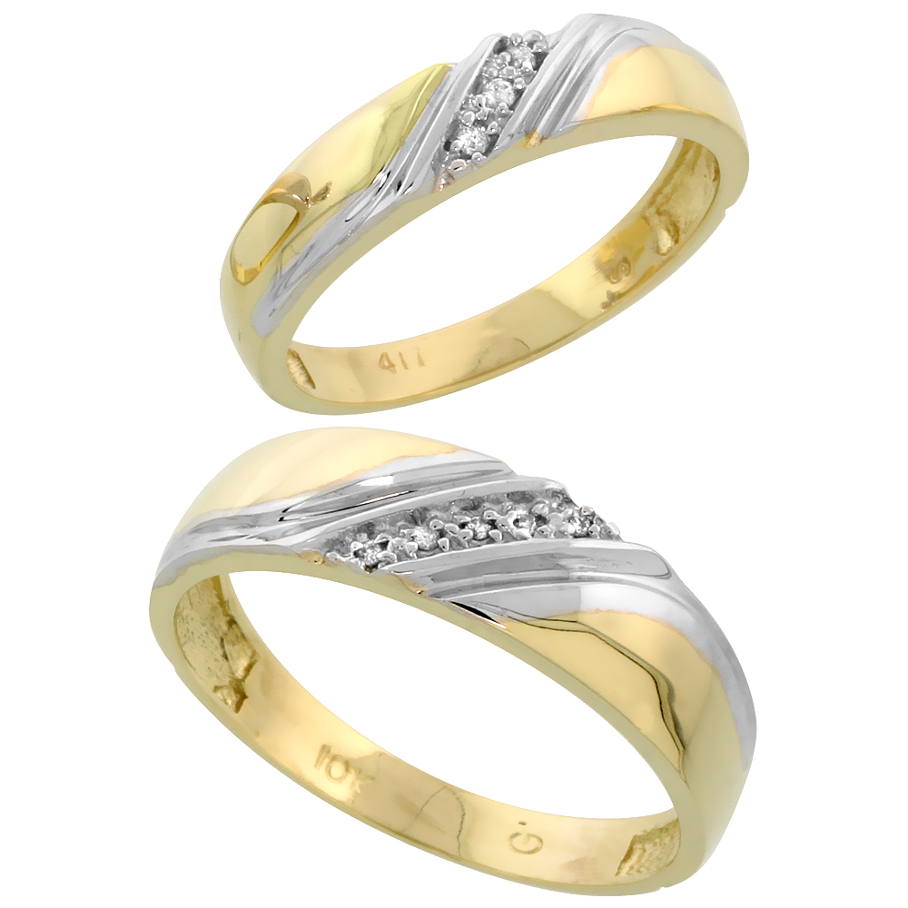 10k Yellow Gold Diamond 2 Piece Wedding Ring Set His 6mm & Hers 4.5mm, Men's Size 8 to 14