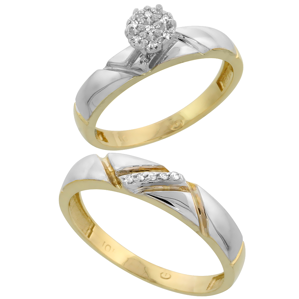 10k Yellow Gold Diamond Engagement Rings Set for Men and Women 2-Piece 0.08 cttw Brilliant Cut, 4mm & 4.5mm wide