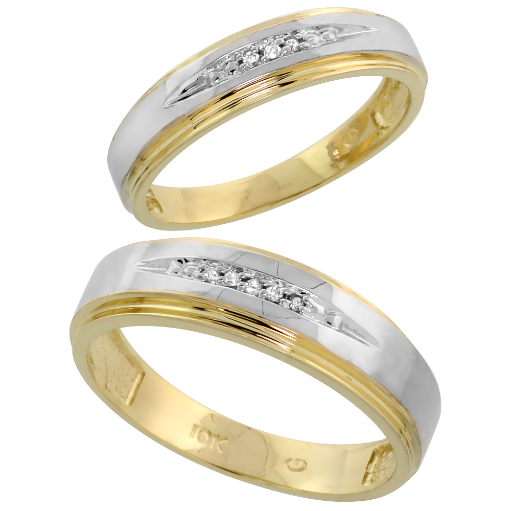 10k Yellow Gold Diamond Wedding Rings Set for him 6 mm and her 5 mm 2-Piece 0.05 cttw Brilliant Cut, ladies sizes 5 � 10, mens s