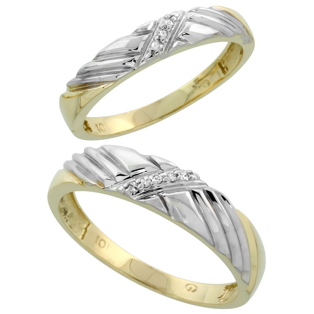 10k Yellow Gold Diamond Wedding Rings Set for him 5 mm and her 3.5 mm 2-Piece 0.05 cttw Brilliant Cut, ladies sizes 5 � 10, mens