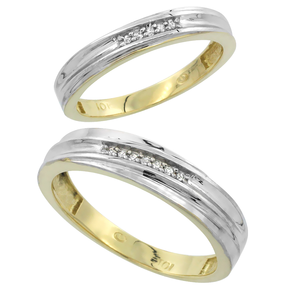 10k Yellow Gold Diamond Wedding Rings Set for him 5 mm and her 3.5 mm 2-Piece 0.07 cttw Brilliant Cut, ladies sizes 5 � 10, mens