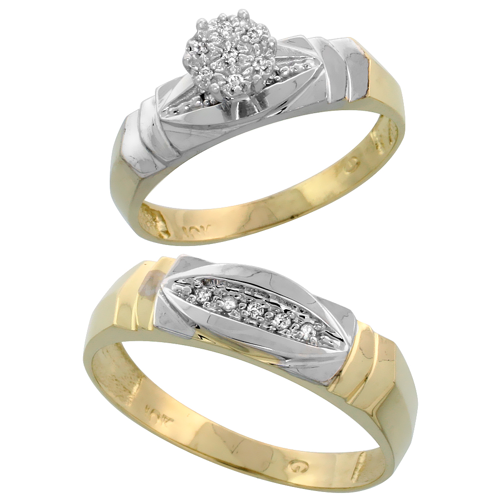 10k Yellow Gold Diamond Engagement Rings Set for Men and Women 2-Piece 0.07 cttw Brilliant Cut, 5mm & 6mm wide