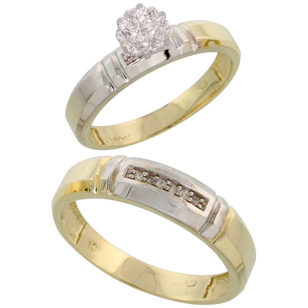 10k Yellow Gold Diamond Engagement Rings Set for Men and Women 2-Piece 0.08 cttw Brilliant Cut, 4mm & 5.5mm wide