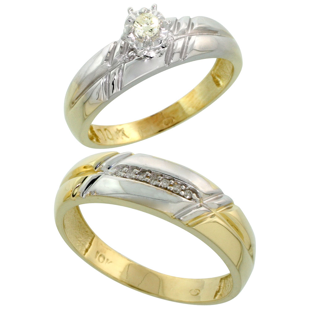 10k Yellow Gold 2-Piece Diamond wedding Engagement Ring Set for Him and Her, 5.5mm & 6mm wide