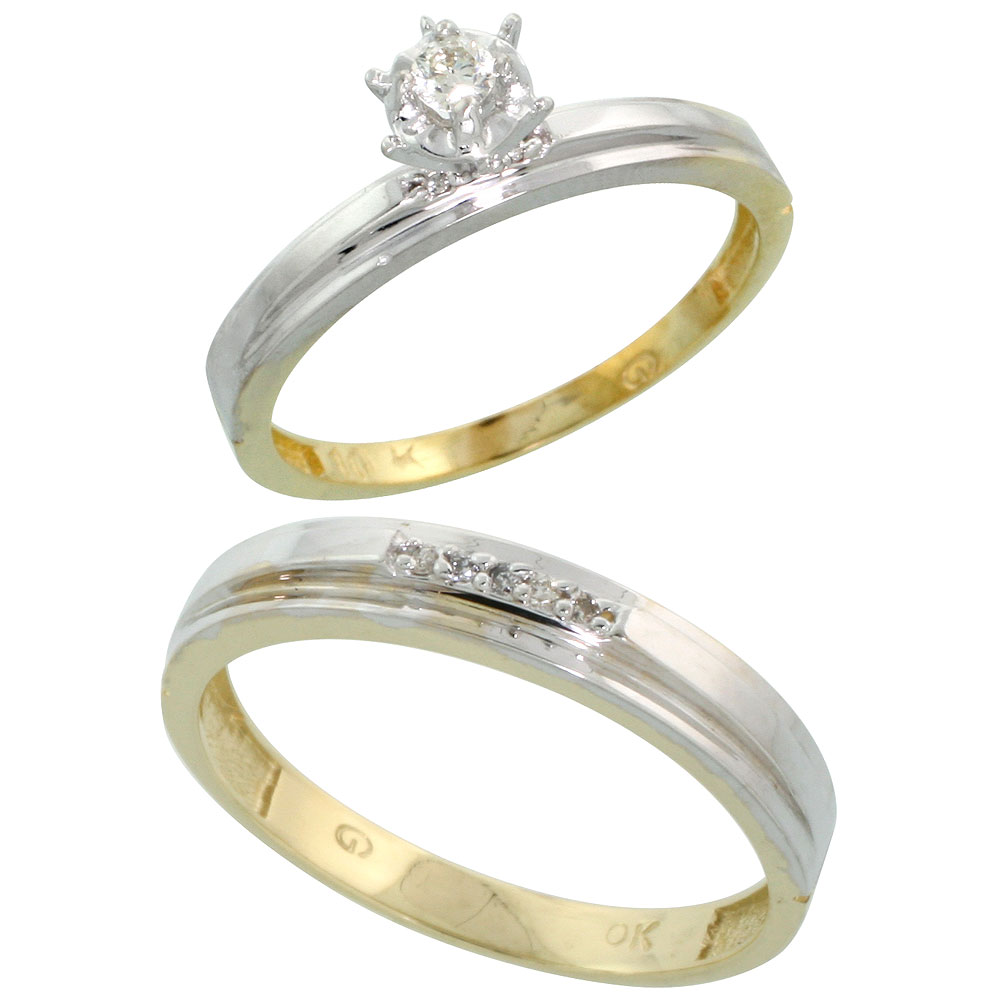 10k Yellow Gold 2-Piece Diamond wedding Engagement Ring Set for Him and Her, 3mm & 4mm wide
