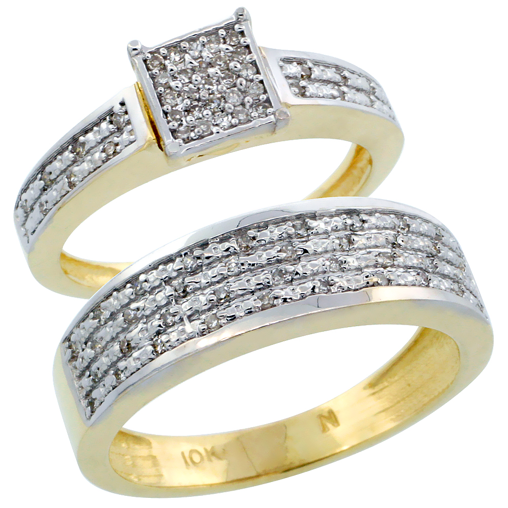 10k Gold 2-Piece Diamond Ring Band Set w/ Rhodium Accent ( Engagement Ring & Man's Wedding Band ), w/ 0.27 Carat Brilliant Cut Diamonds, ( 3.5mm; 6.5mm ) wide