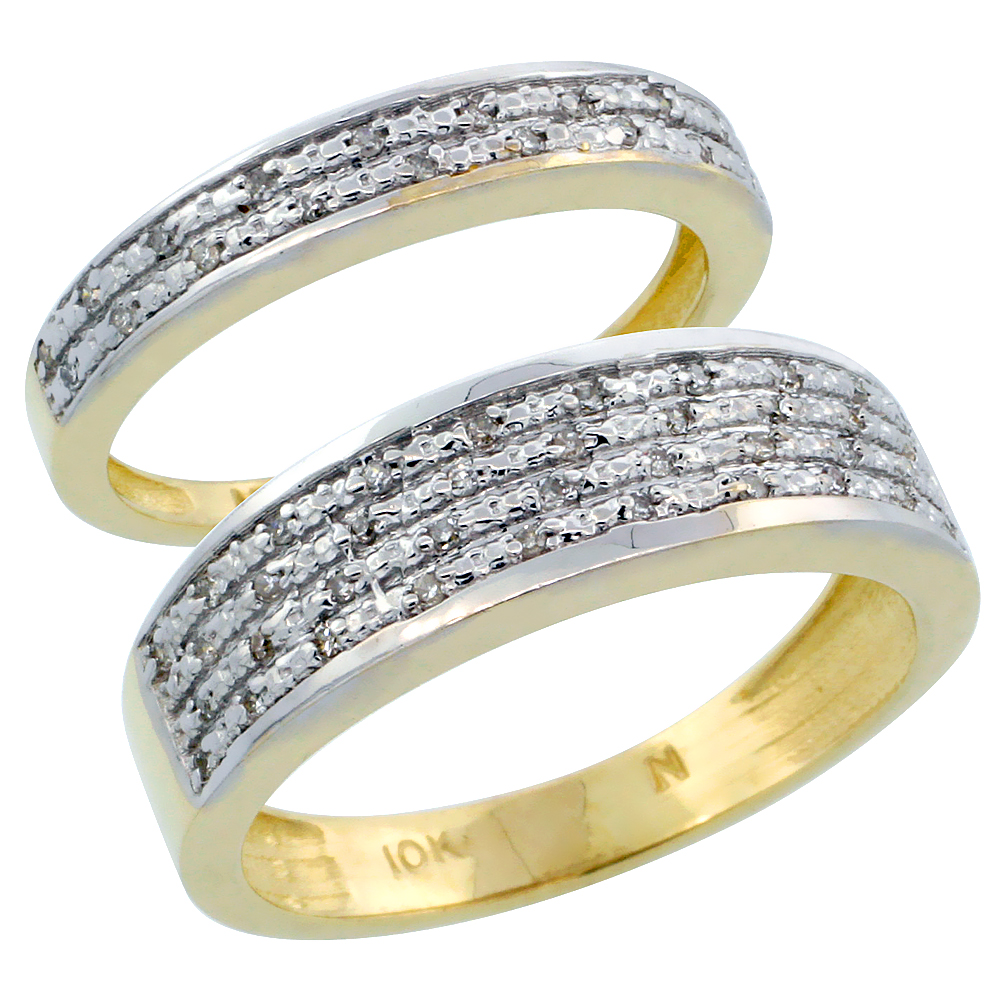 10k Gold 2-Piece His (6.5mm) & Hers (3.5mm) Diamond Wedding Ring Band Set w/ 0.18 Carat Brilliant Cut Diamonds; (Ladies Size 5 to10; Men's Size 8 to 14)