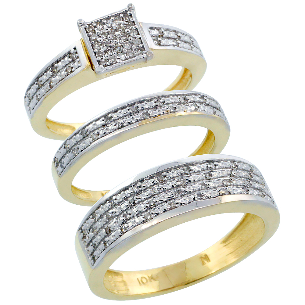 10k Gold 3-Piece Trio His (6.5mm) & Hers (3.5mm) Diamond Wedding Ring Band Set w/ 0.328 Carat Brilliant Cut Diamonds; (Ladies Size 5 to10; Men's Size 8 to 14)