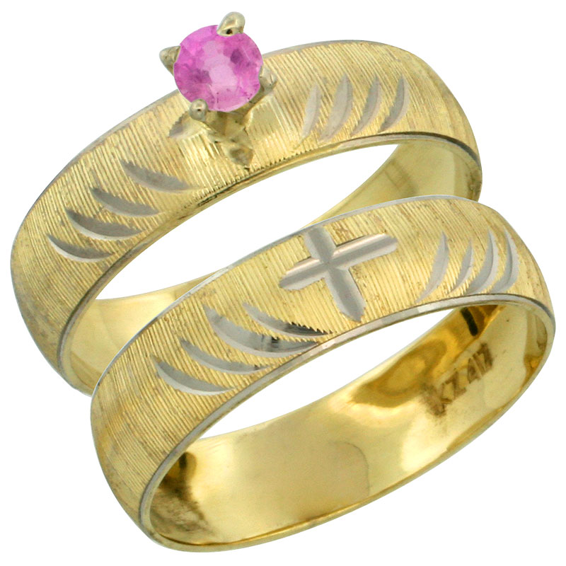 10k Gold Ladies' 2-Piece 0.25 Carat Pink Sapphire Engagement Ring Set Diamond-cut Pattern Rhodium Accent, 3/16 in. (4.5mm) wide, Sizes 5 - 10