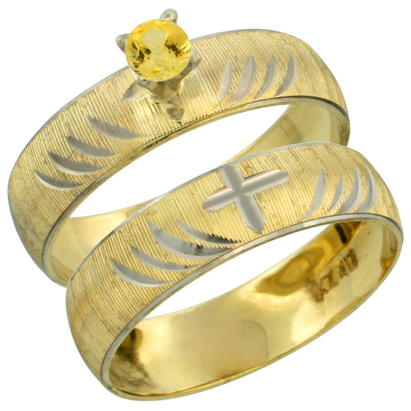 10k Gold Ladies' 2-Piece 0.25 Carat Yellow Sapphire Engagement Ring Set Diamond-cut Pattern Rhodium Accent, 3/16 in. (4.5mm) wide, Sizes 5 - 10