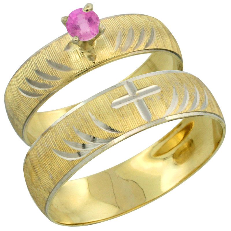 10k Gold 2-Piece 0.25 Carat Pink Sapphire Ring Set (Engagement Ring & Man's Wedding Band) Diamond-cut Pattern Rhodium Accent, (4.5mm; 5.5mm) wide , Ladies' Sizes 5 - 10 & Men's Size 8 - 14