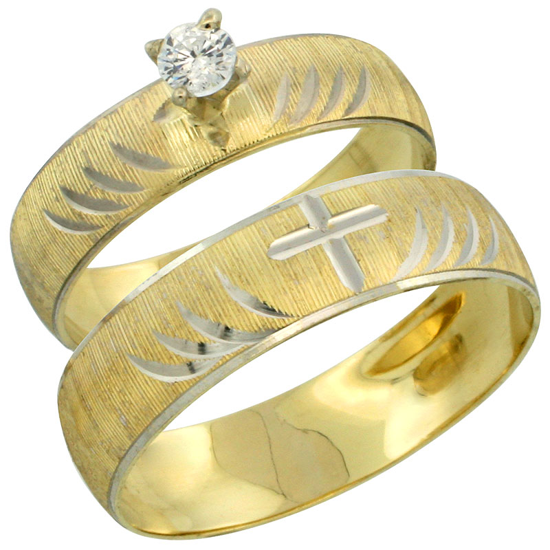 10k Gold 2-Piece 0.25 Carat White Sapphire Ring Set (Engagement Ring & Man's Wedding Band) Diamond-cut Pattern Rhodium Accent, (4.5mm; 5.5mm) wide , Ladies' Sizes 5 - 10 & Men's Size 8 - 14