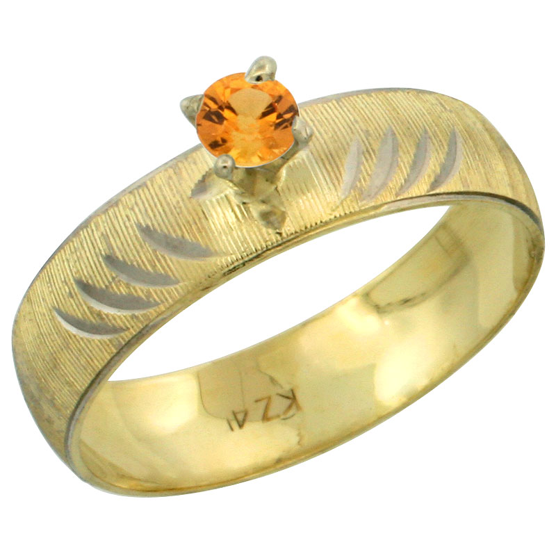 10k Gold Ladies' Solitaire 0.25 Carat Orange Sapphire Engagement Ring Diamond-cut Pattern Rhodium Accent, 3/16 in. (4.5mm) wide, Sizes 5 - 10