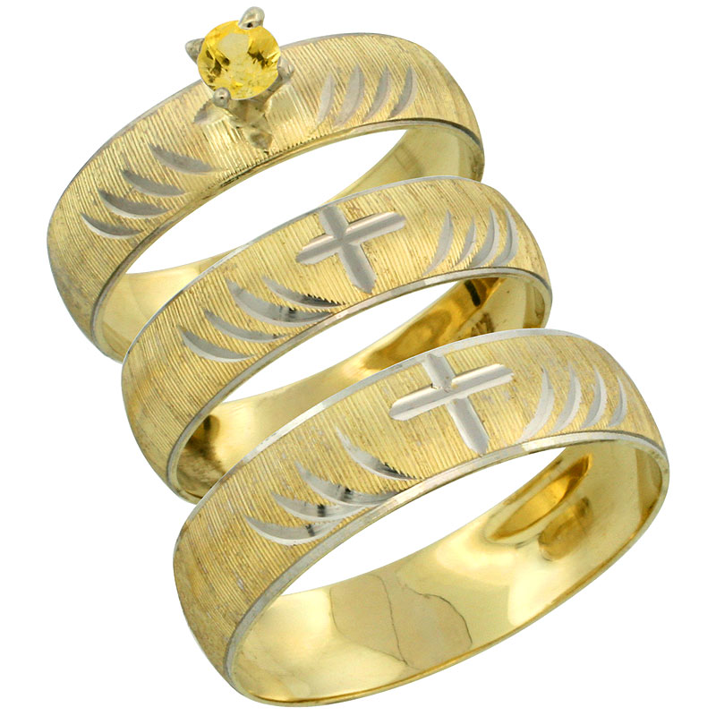 10k Gold 3-Piece Trio Yellow Sapphire Wedding Ring Set Him & Her 0.10 ct Rhodium Accent Diamond-cut Pattern, Ladies Sizes 5 - 10 & Men's Sizes 8 - 14