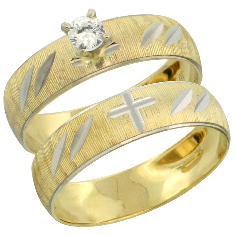 10k Gold Ladies' 2-Piece 0.10 Carat Diamond Engagement Ring Set Diamond-cut Pattern Rhodium Accent, 3/16 in. (4.5mm) wide, Sizes 5 - 10