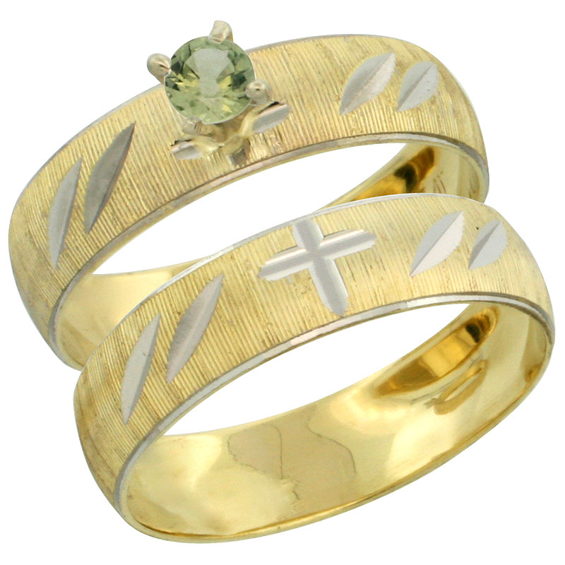 10k Gold Ladies' 2-Piece 0.25 Carat Green Sapphire Engagement Ring Set Diamond-cut Pattern Rhodium Accent, 3/16 in. (4.5mm) wide, Sizes 5 - 10