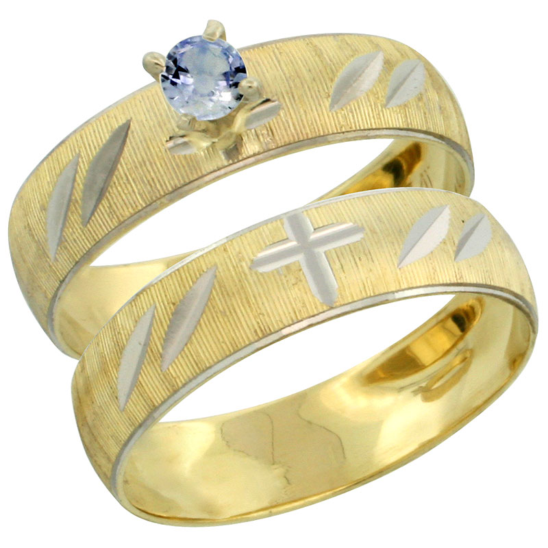 10k Gold Ladies' 2-Piece 0.25 Carat Light Blue Sapphire Engagement Ring Set Diamond-cut Pattern Rhodium Accent, 3/16 in. (4.5mm) wide, Sizes 5 - 10