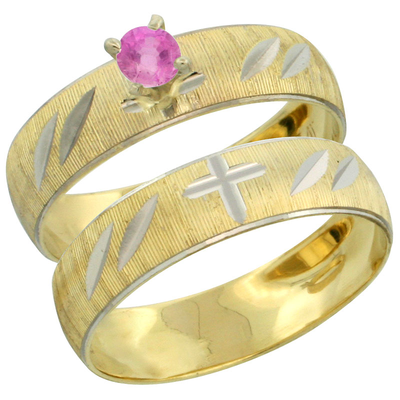 10k Gold Ladies' 2-Piece 0.25 Carat Pink Sapphire Engagement Ring Set Diamond-cut Pattern Rhodium Accent, 3/16 in. (4.5mm) wide, Sizes 5 - 10
