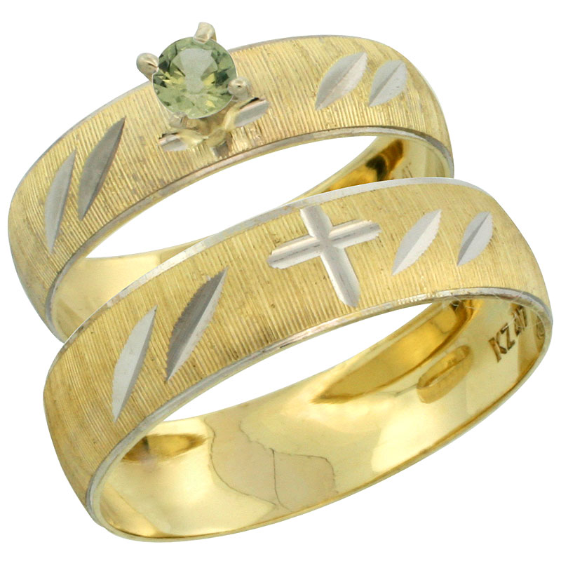 10k Gold 2-Piece 0.25 Carat Green Sapphire Ring Set (Engagement Ring & Man's Wedding Band) Diamond-cut Pattern Rhodium Accent, (4.5mm; 5.5mm) wide , Ladies' Sizes 5 - 10 & Men's Size 8 - 14