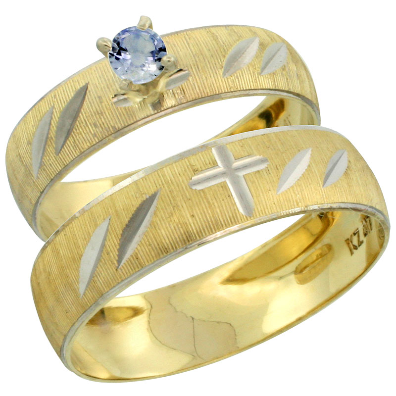 10k Gold 2-Piece 0.25 Carat Light Blue Sapphire Ring Set (Engagement Ring & Man's Wedding Band) Diamond-cut Pattern Rhodium Accent, (4.5mm; 5.5mm) wide , Ladies' Sizes 5 - 10 & Men's Size 8 - 14