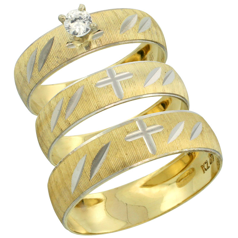 10k Gold 3-Piece Trio White Sapphire Wedding Ring Set Him & Her 0.10 ct Rhodium Accent Diamond-cut Pattern , Ladies Sizes 5 - 10 & Men's Sizes 8 - 14