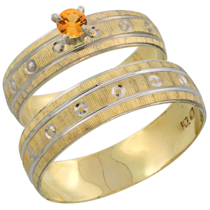 10k Gold 2-Piece 0.25 Carat Orange Sapphire Ring Set (Engagement Ring & Man's Wedding Band) Diamond-cut Pattern Rhodium Accent, (4.5mm; 5.5mm) wide , Ladies' Sizes 5 - 10 & Men's Size 8 - 14