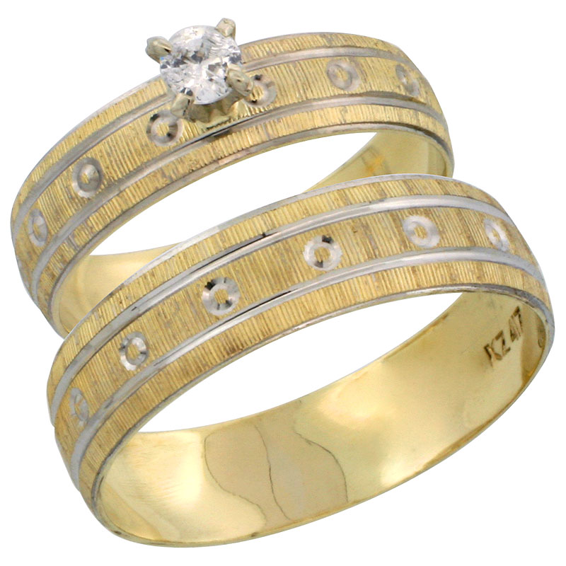10k Gold 2-Piece 0.25 Carat White Sapphire Ring Set (Engagement Ring & Man's Wedding Band) Diamond-cut Pattern Rhodium Accent, (4.5mm; 5.5mm) wide , Ladies' Sizes 5 - 10 & Men's Size 8 - 14