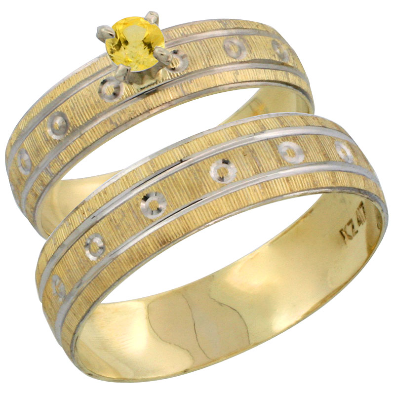 10k Gold 2-Piece 0.25 Carat Yellow Sapphire Ring Set (Engagement Ring & Man's Wedding Band) Diamond-cut Pattern Rhodium Accent, (4.5mm; 5.5mm) wide , Ladies' Sizes 5 - 10 & Men's Size 8 - 14