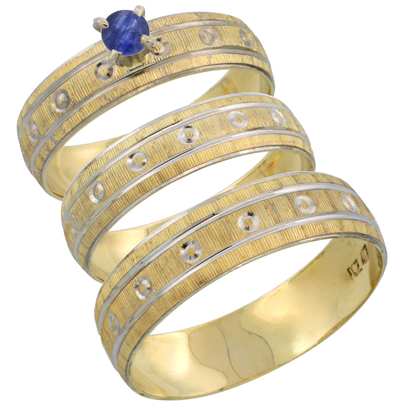 10k Gold 3-Piece Trio Blue Sapphire Wedding Ring Set Him & Her 0.10 ct Rhodium Accent Diamond-cut Pattern, Ladies Sizes 5 - 10 & Men's Sizes 8 - 14