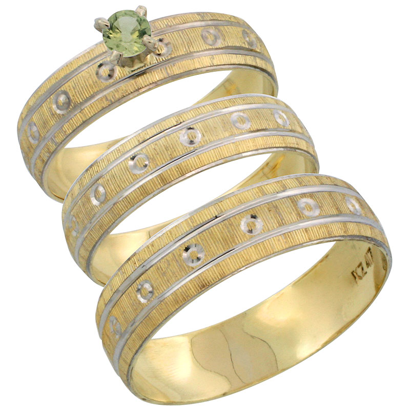 10k Gold 3-Piece Trio Green Sapphire Wedding Ring Set Him & Her 0.10 ct Rhodium Accent Diamond-cut Pattern, Ladies Sizes 5 - 10 & Men's Sizes 8 - 14