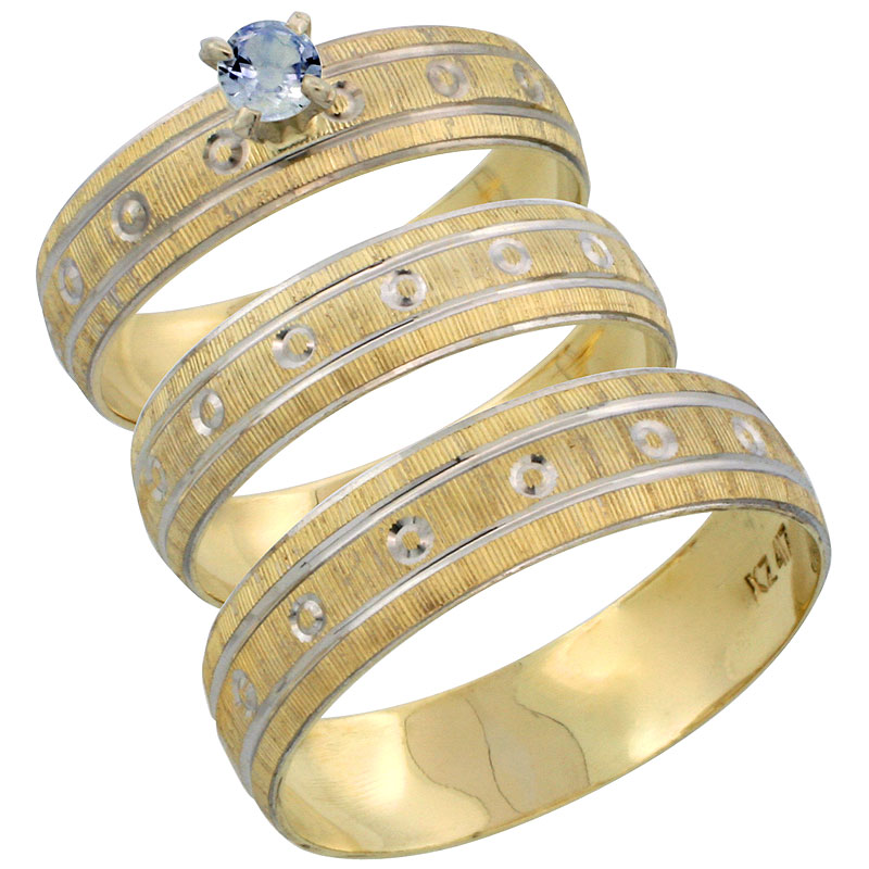10k Gold 3-Piece Trio Light Blue Sapphire Wedding Ring Set Him & Her 0.10 ct Rhodium Accent Diamond-cut Pattern, Ladies Sizes 5 - 10 & Men's Sizes 8 - 14