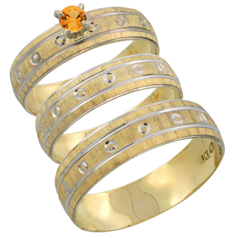 10k Gold 3-Piece Trio Orange Sapphire Wedding Ring Set Him & Her 0.10 ct Rhodium Accent Diamond-cut Pattern, Ladies Sizes 5 - 10 & Men's Sizes 8 - 14
