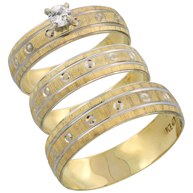 10k Gold 3-Piece Trio White Sapphire Wedding Ring Set Him & Her 0.10 ct Rhodium Accent Diamond-cut Pattern , Ladies Sizes 5 - 10 & Men's Sizes 8 - 14