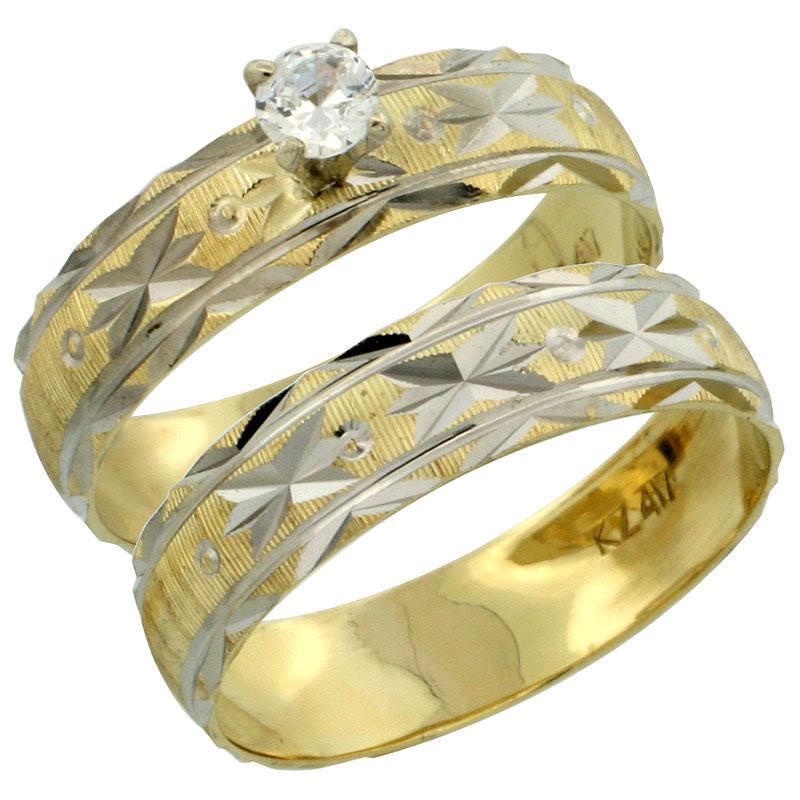 10k Gold Ladies' 2-Piece 0.10 Carat Diamond Engagement Ring Set Diamond-cut Pattern Rhodium Accent, 3/16 in. (4.5mm) wide, Sizes 5 - 10