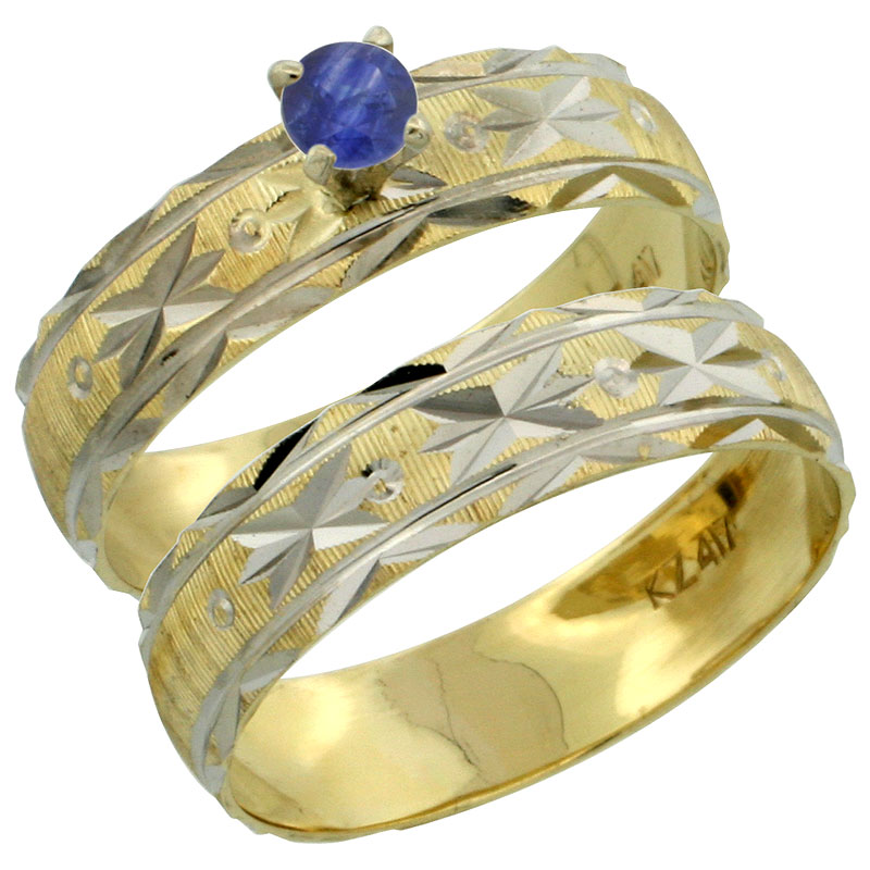 10k Gold Ladies' 2-Piece 0.25 Carat Deep Blue Sapphire Engagement Ring Set Diamond-cut Pattern Rhodium Accent, 3/16 in. (4.5mm) wide, Sizes 5 - 10