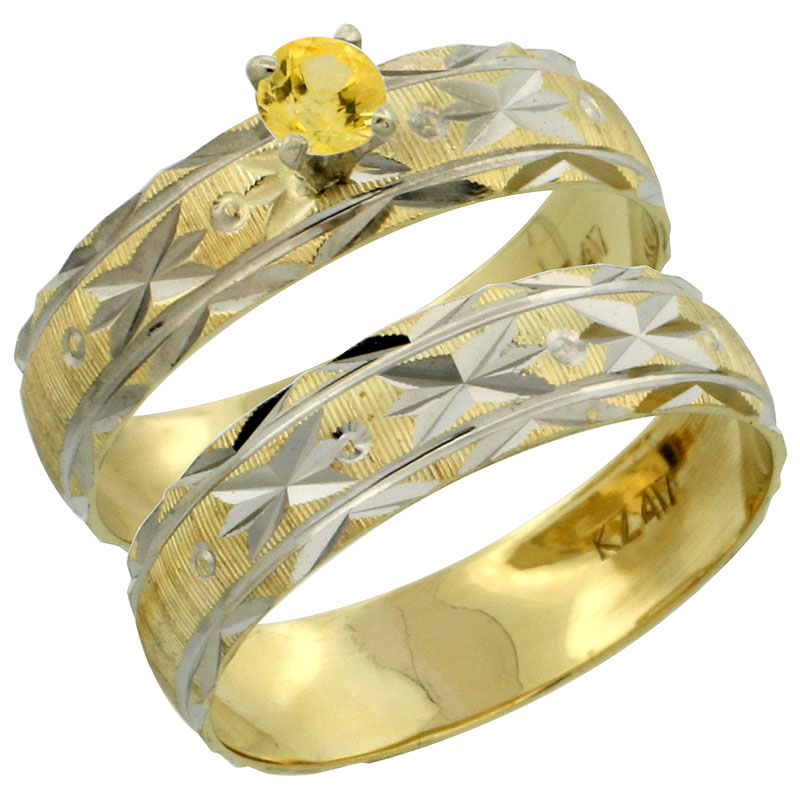 10k Gold Ladies' 2-Piece 0.25 Carat Yellow Sapphire Engagement Ring Set Diamond-cut Pattern Rhodium Accent, 3/16 in. (4.5mm) wide, Sizes 5 - 10