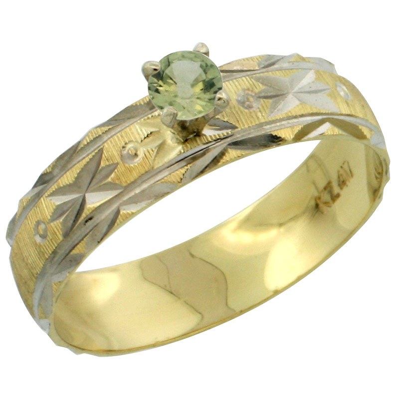 10k Gold Ladies' Solitaire 0.25 Carat Green Sapphire Engagement Ring Diamond-cut Pattern Rhodium Accent, 3/16 in. (4.5mm) wide, Sizes 5 - 10