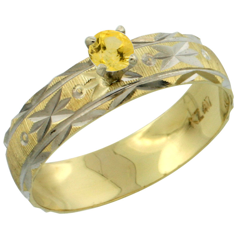 10k Gold Ladies' Solitaire 0.25 Carat Yellow Sapphire Engagement Ring Diamond-cut Pattern Rhodium Accent, 3/16 in. (4.5mm) wide, Sizes 5 - 10