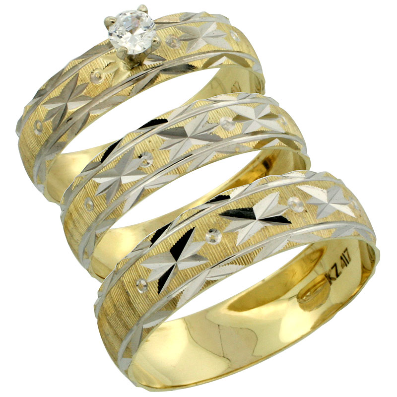 10k Gold 3-Piece Trio Diamond Wedding Ring Set Him & Her 0.10 ct Rhodium Accent Diamond-cut Pattern , Ladies Sizes 5 - 10 & Men's Sizes 8 - 14