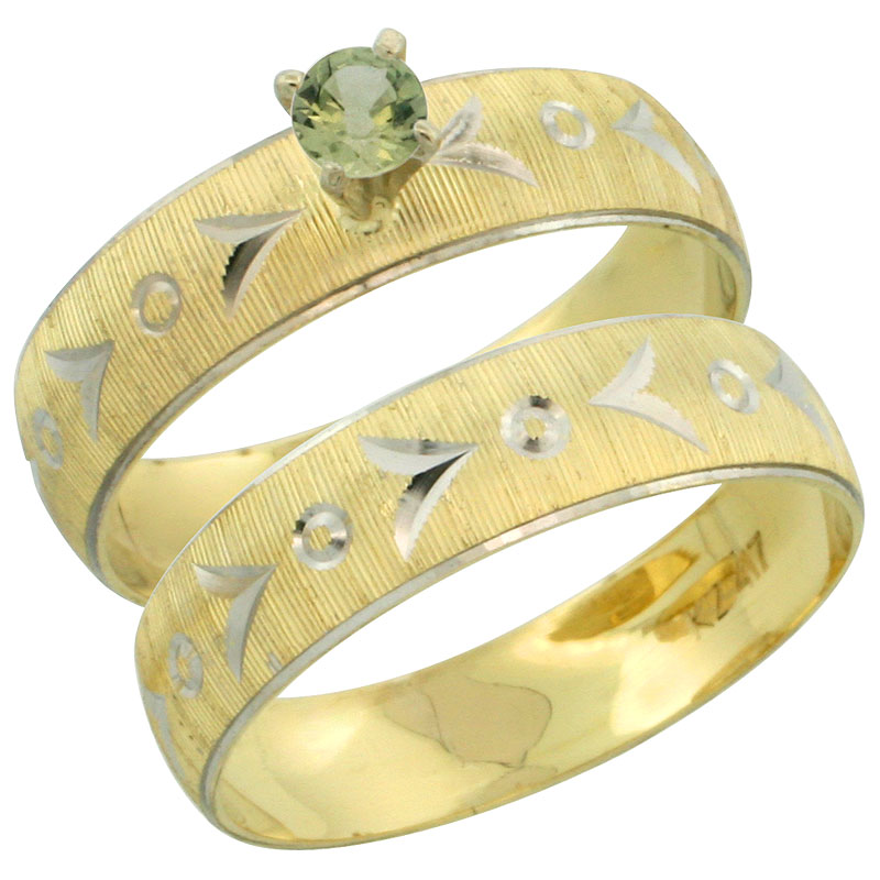 10k Gold Ladies' 2-Piece 0.25 Carat Green Sapphire Engagement Ring Set Diamond-cut Pattern Rhodium Accent, 3/16 in. (4.5mm) wide, Sizes 5 - 10