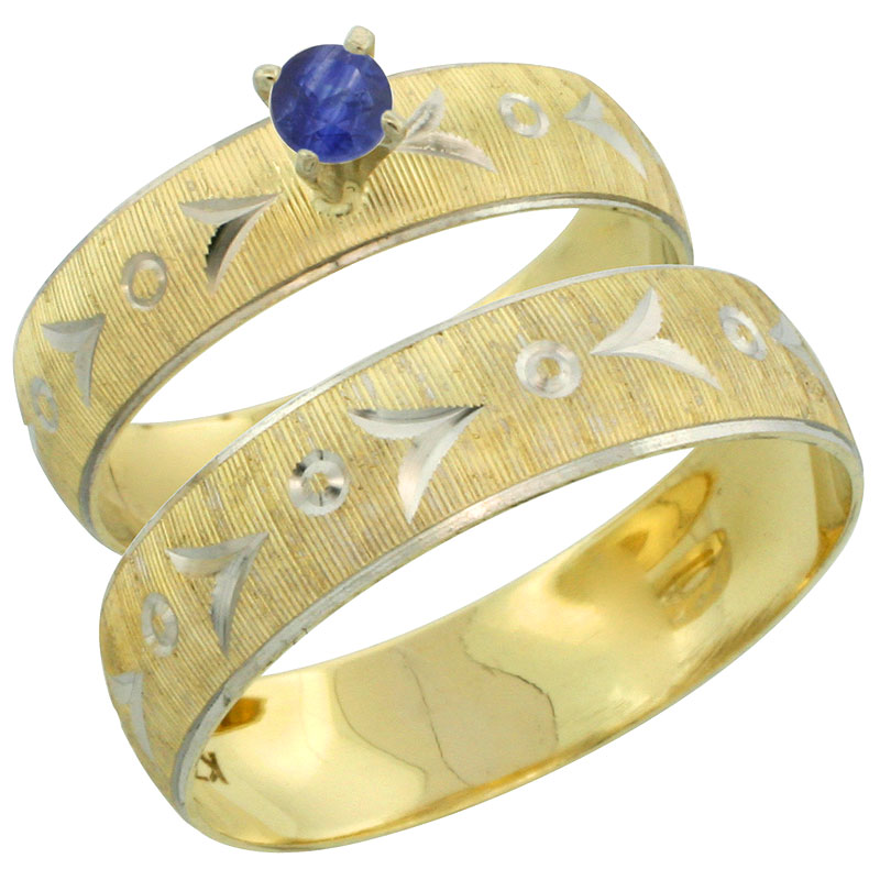 10k Gold 2-Piece 0.25 Carat Deep Blue Sapphire Ring Set (Engagement Ring & Man's Wedding Band) Diamond-cut Pattern Rhodium Accent, (4.5mm; 5.5mm) wide , Ladies' Sizes 5 - 10 & Men's Size 8 - 14