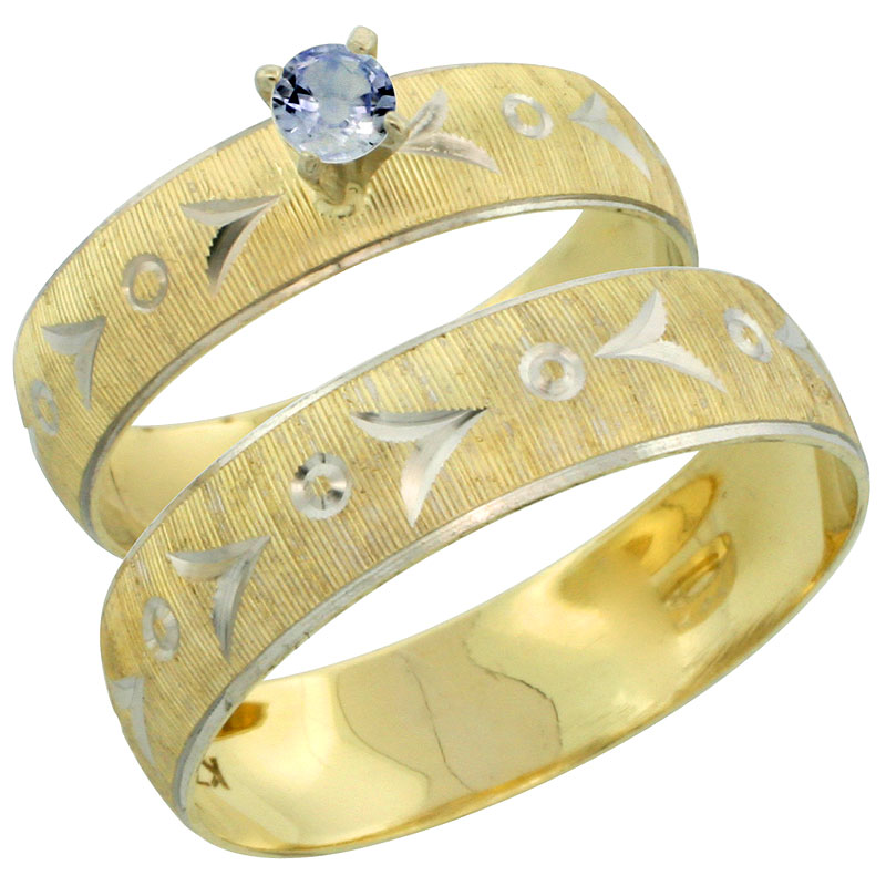 10k Gold 2-Piece 0.25 Carat Light Blue Sapphire Ring Set (Engagement Ring & Man's Wedding Band) Diamond-cut Pattern Rhodium Accent, (4.5mm; 5.5mm) wide , Ladies' Sizes 5 - 10 & Men's Size 8 - 14