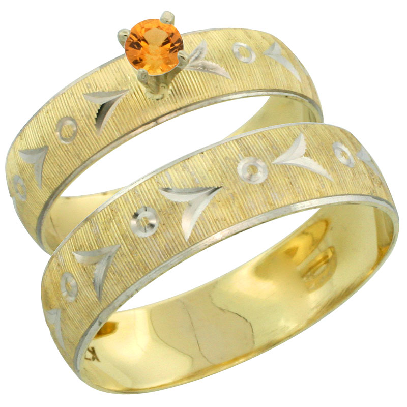 10k Gold 2-Piece 0.25 Carat Orange Sapphire Ring Set (Engagement Ring & Man's Wedding Band) Diamond-cut Pattern Rhodium Accent, (4.5mm; 5.5mm) wide , Ladies' Sizes 5 - 10 & Men's Size 8 - 14