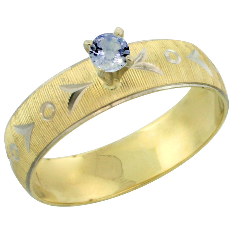 10k Gold Ladies' Solitaire 0.25 Carat Light Blue Sapphire Engagement Ring Diamond-cut Pattern Rhodium Accent, 3/16 in. (4.5mm) wide, Sizes 5 - 10