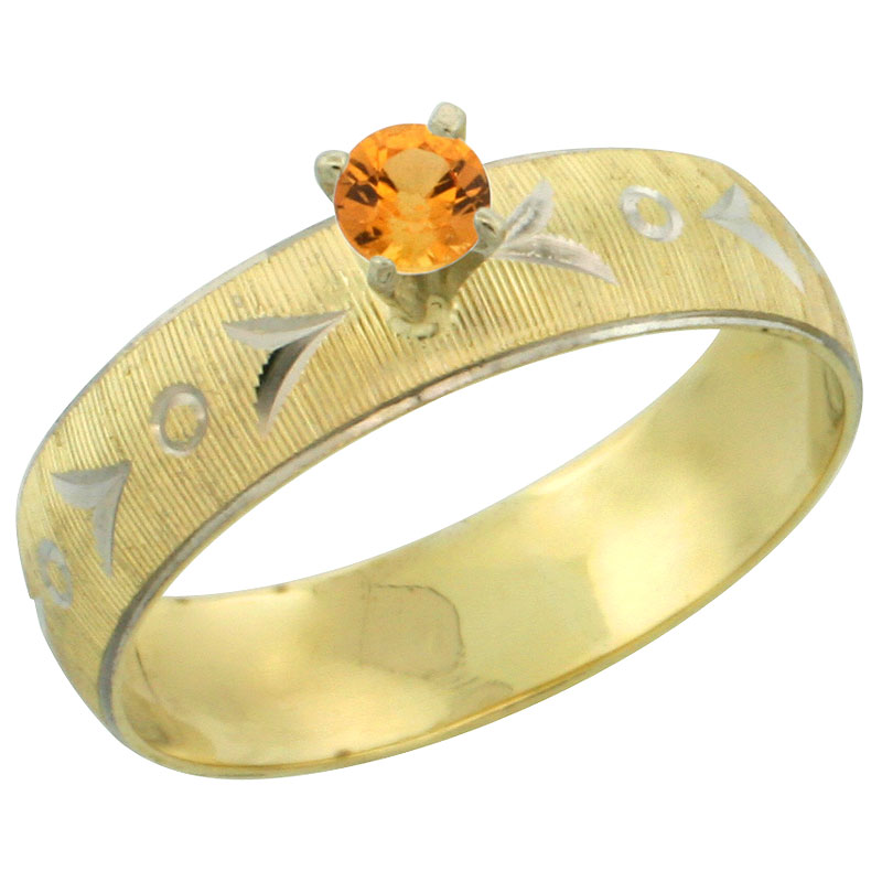 10k Gold Ladies' Solitaire 0.25 Carat Orange Sapphire Engagement Ring Diamond-cut Pattern Rhodium Accent, 3/16 in. (4.5mm) wide, Sizes 5 - 10